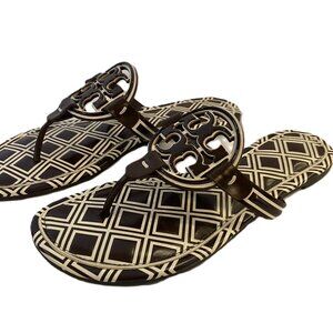 Tory Burch Miller Logo Sandals | Size 8 | Brown & Cream Leather
